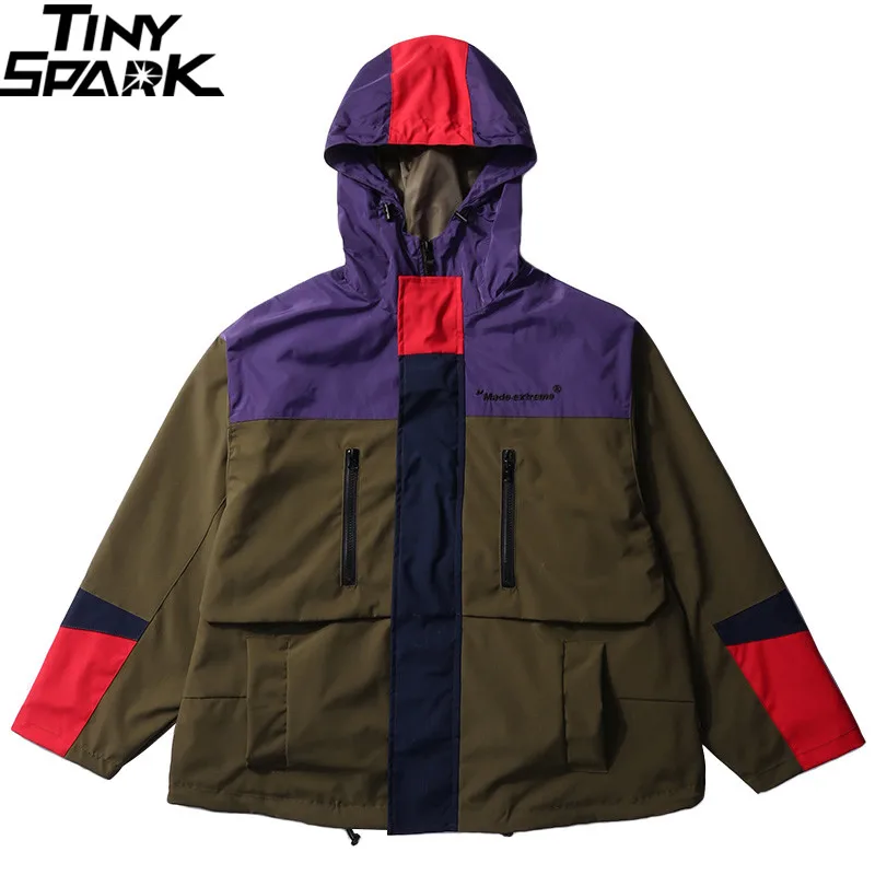 

Hip Hop Streetwear Hooded Jacket Oversized 2019 Spring Mens Harajuku Jacket Windbreaker Color Block Patchowork Track Jacket Coat