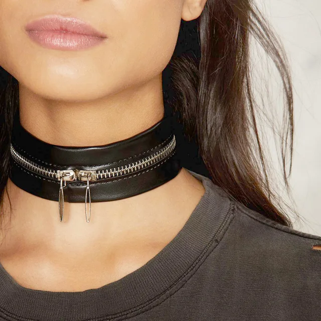 Black Leather Choker Necklace Fashion Chokers Metal Zipper Chocker Collars Necklace For Women