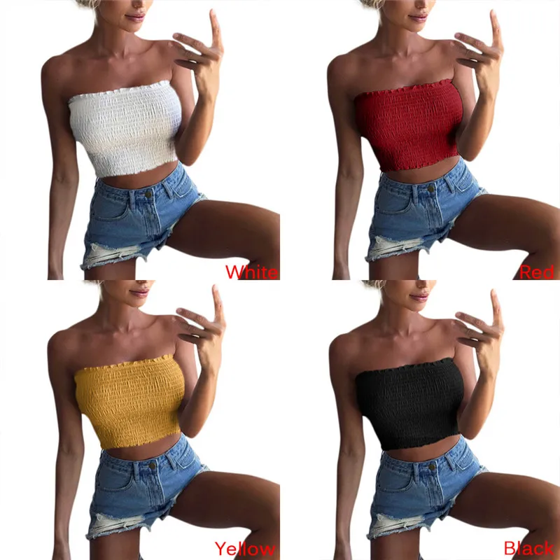 Women Sexy Strapless Ruched Elastic Bandeau Tube Top Black,white,red,yellow Summer Tube Tops Solid Breast Wrap Cropped Tops