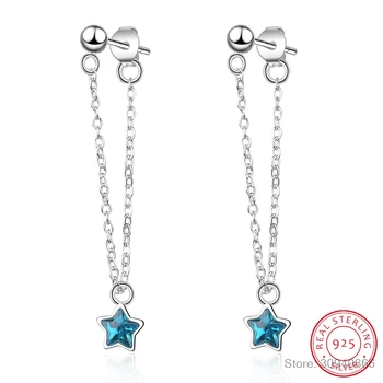 

Star Drop Earrings 925 Sterling Silver Female Blue Crystal Five-pointed Stars Ear Jewelry Sweet Ear Hanging Brincos