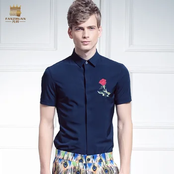 

fanzhuan Free shipping New male casual fashion Men's Pure leisure man slim Rose Flower Embroidery Shirt Short Sleeved 612078
