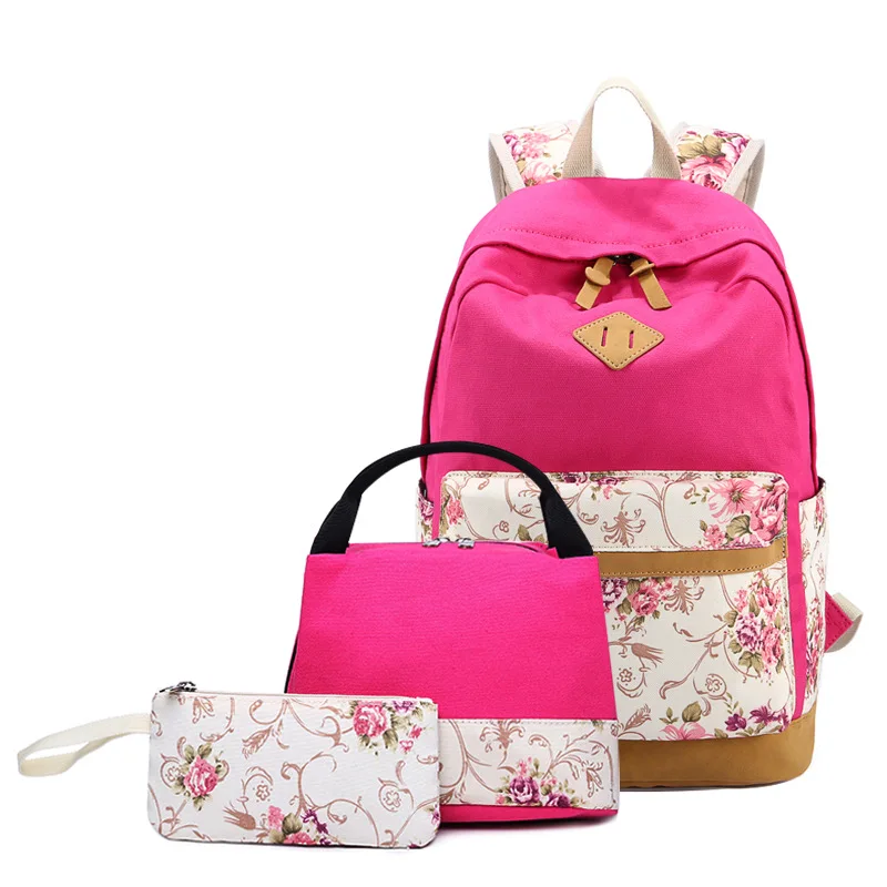 Картина с цветами на холсте школьный рюкзак Набор из 3 предметов легкий подростковый школьный рюкзак для девочек - Цвет: rose red