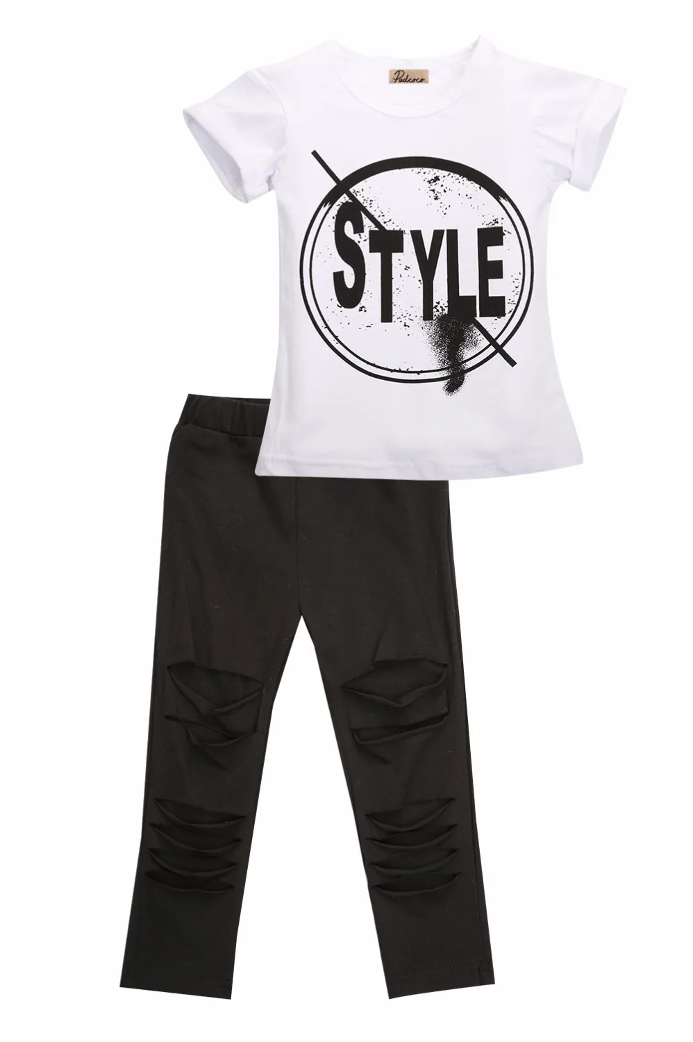 

2pcs clothing set!! 2017 boutique girls kids short sleeve tops style letter printed t shirt  long tear pants for 2-7Y kids