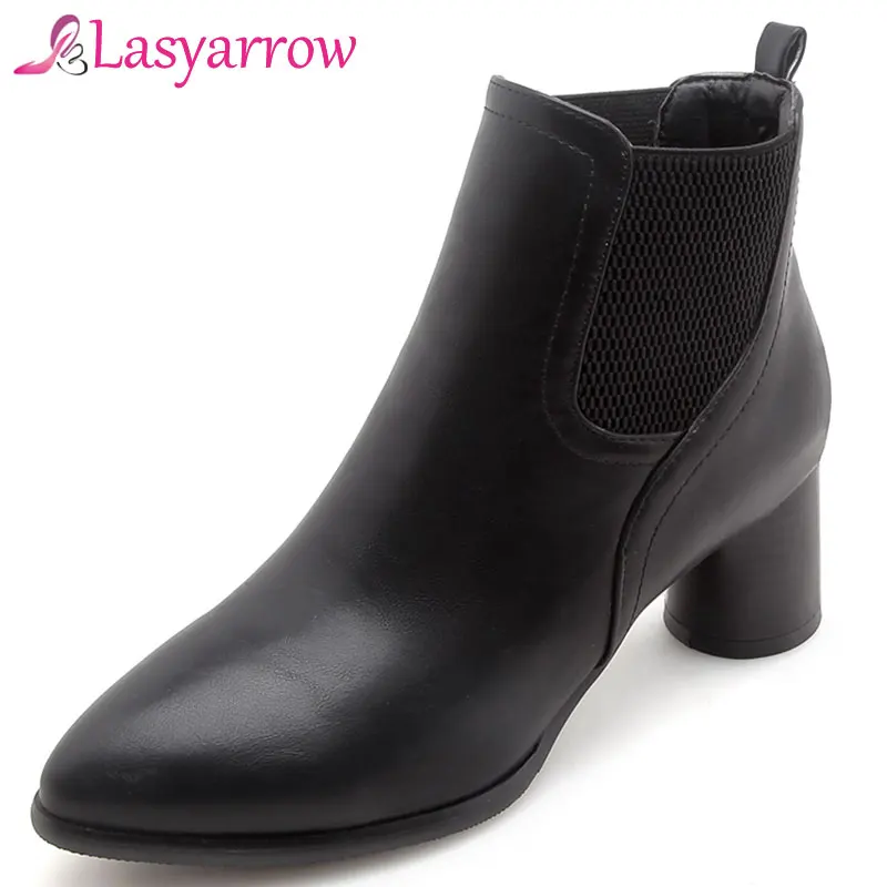 

Lasyarrow Chunky Heels Short Boots Autumn Winter Boots for Woman Elastic Slip On Solid Motorcycle Boots Casual Ankle Boots F191