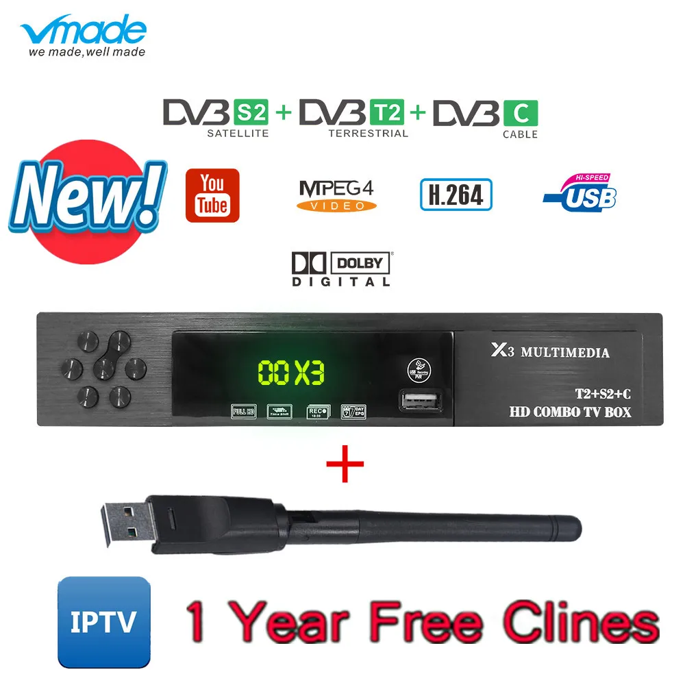 

Hot DVB-S2 VMADE x3 hd With USB WIFI FTA TV Receiver dvb-s2 DVB-T2 hd power WIFI FTA AC3 TV Support Europe cline Network Sharing