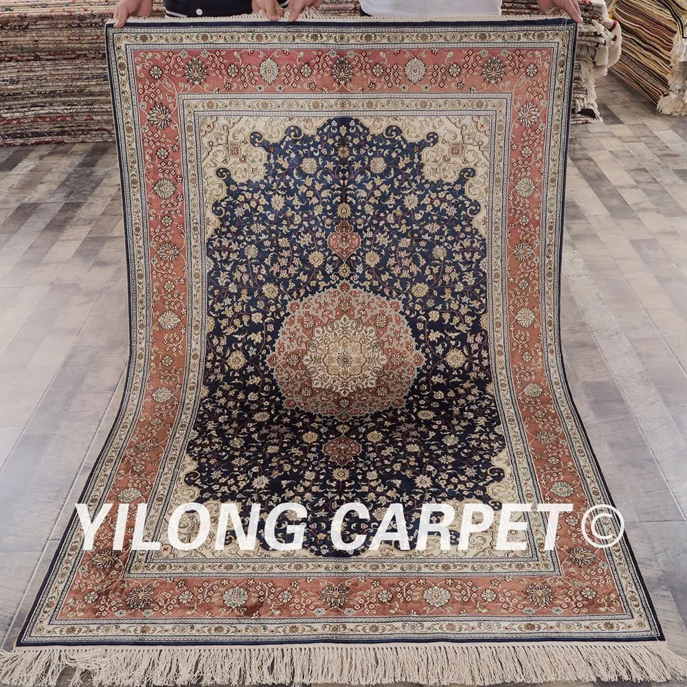 Yilong 4 X6 Tabriz Silk Carpet Vantage Antique Handmade Blue Yilong 4 X6 Tabriz Silk Carpet Vantage