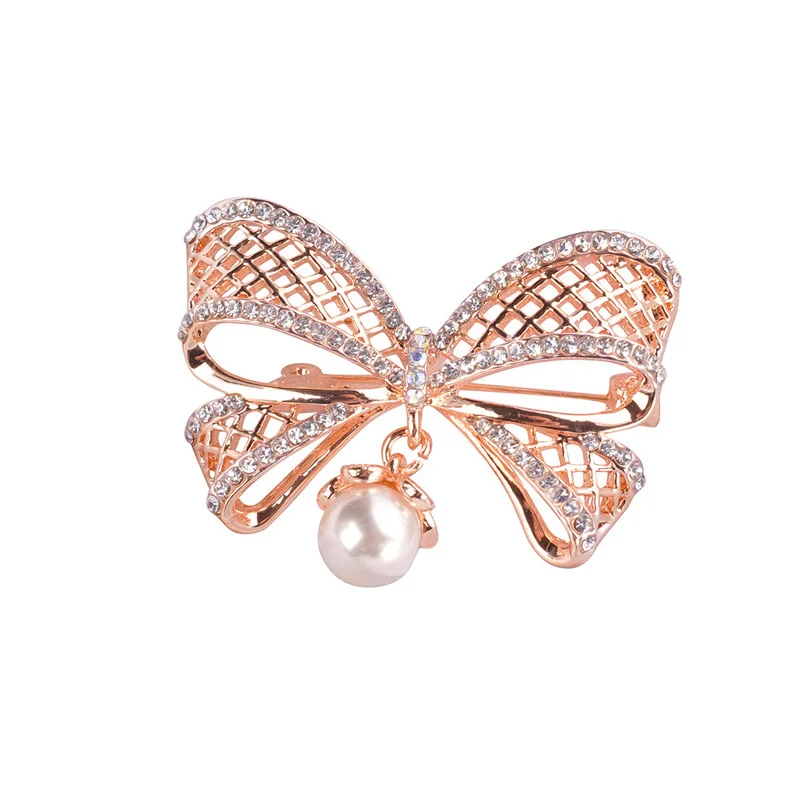 Pearl Cute Bow Brooches For Women Crystal Rhinestone Brooch Pin Fashion