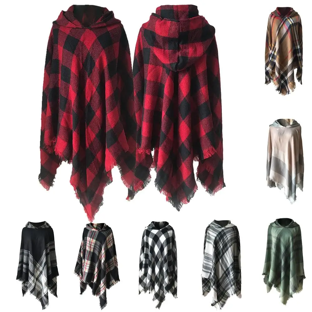

Autumn Winter Large Keeps Warm Colorful Plaid Hooded Cape Shawl Cloak Batwing Sleeve Asymmetric Shawl V-Neck Overcoat