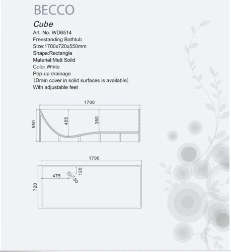 1700X720X550mm Solid Surface Stone Acrylic Bathtub Freestanding Floor Mounted Integrated Corian Tub WD011