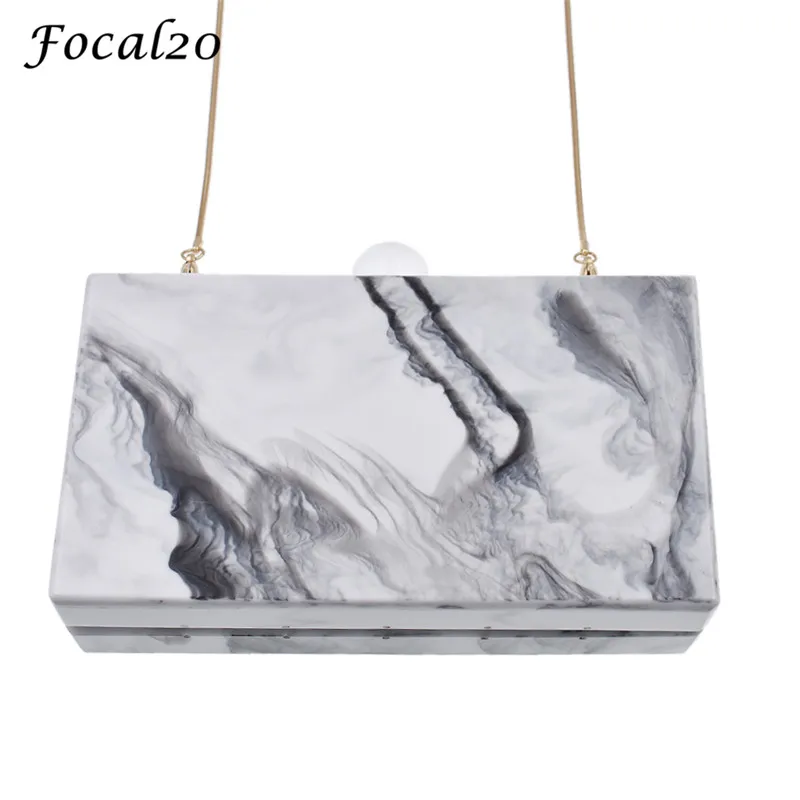 

Focal20 White Marble Acrylic Clutch Box Evening Bag Wedding Bag Casual Ladies Shoulder Bag Color Ink Print with Clear Ball Clasp