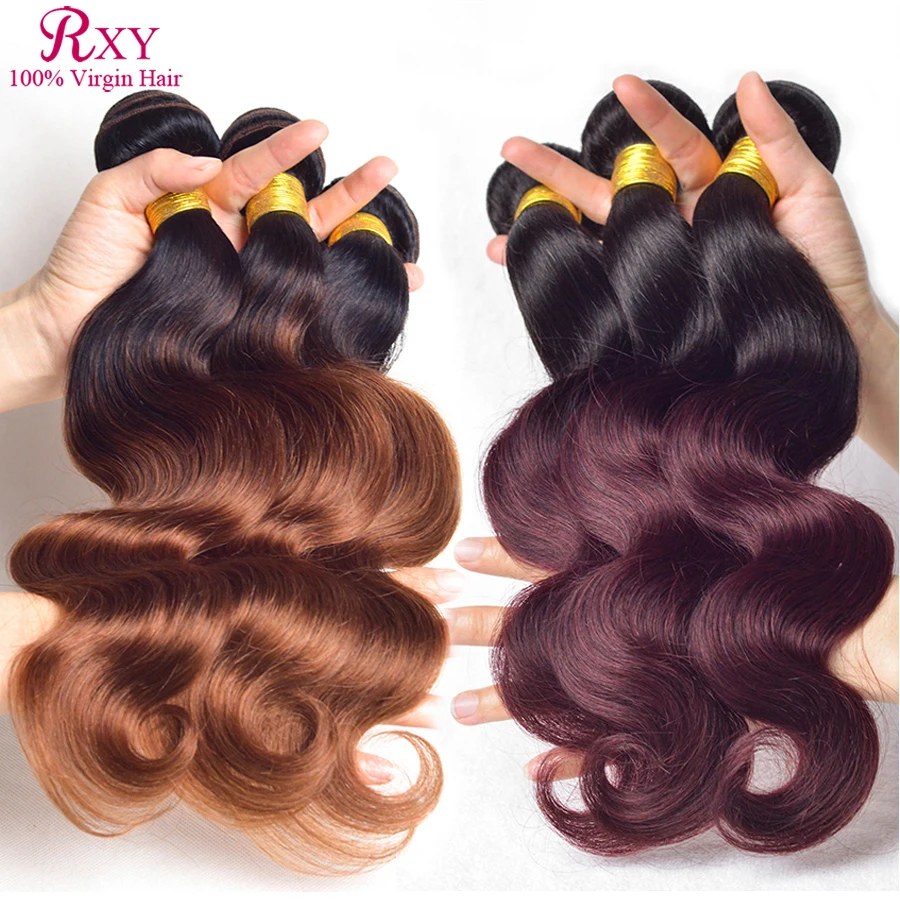 

RXY Hair Products Indian Ombre Hair Extensions 3pcs lots 12-26inch  T1B/33  T1B/99J 7A Indian Virgin Hair Body Wave Ombre Hair