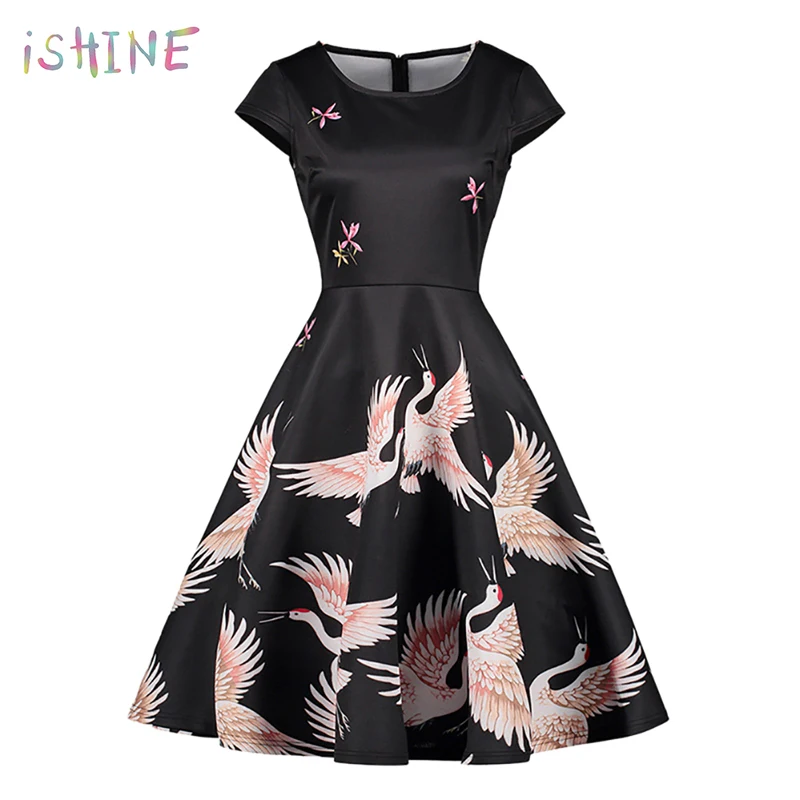 Chinese Style Cranes Print Black Vintage Dress Elegant A Line Short