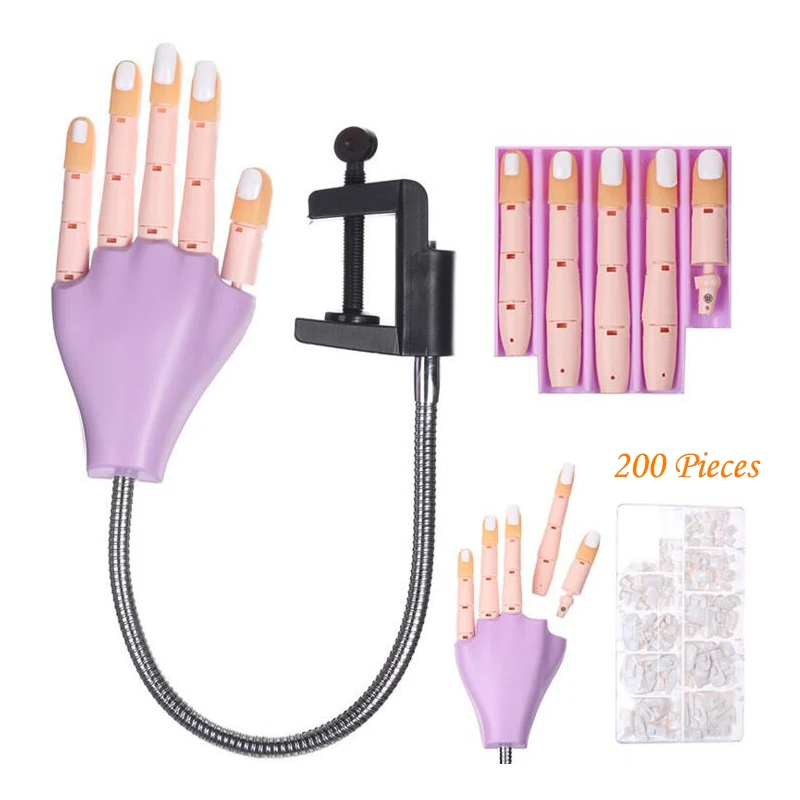 

Professional Practice Hand+200pcs Nail Tips, Flexible Holder Adjustable Nail Art Model Hands DIY Manicure Tool For training
