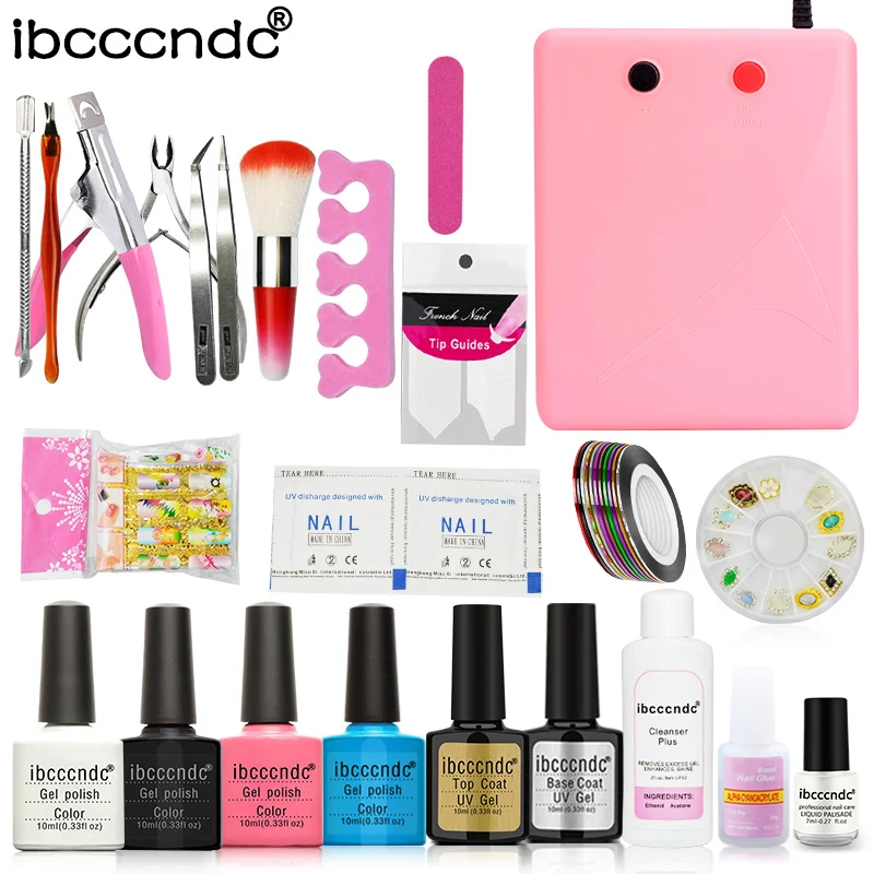 

Nail Art Tools Kit 36W Pink UV Lamp Nail Dryer 4 Colors Gel Polish Base Top Coat Cleanser Liquid Remover Stickers Manicure Set