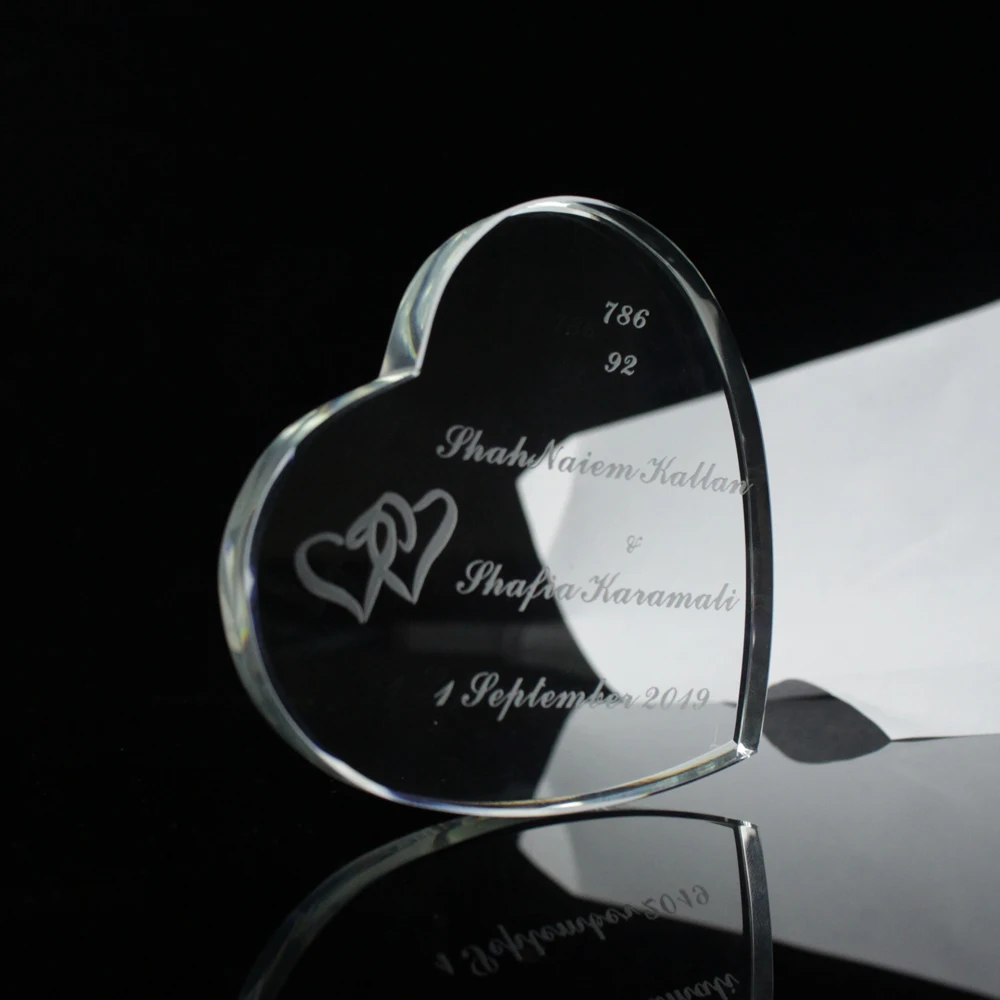 Engraved Glass Heart Shaped Paper Weight