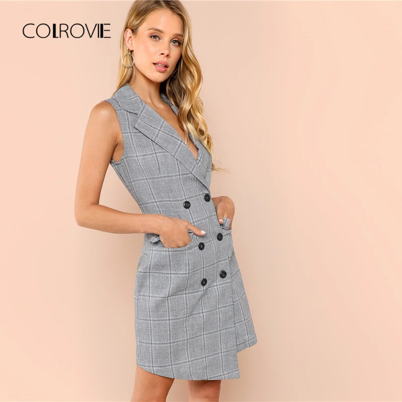 Женское винтажное платье рубашка COLROVIE клетчатое на пуговицах с v образным