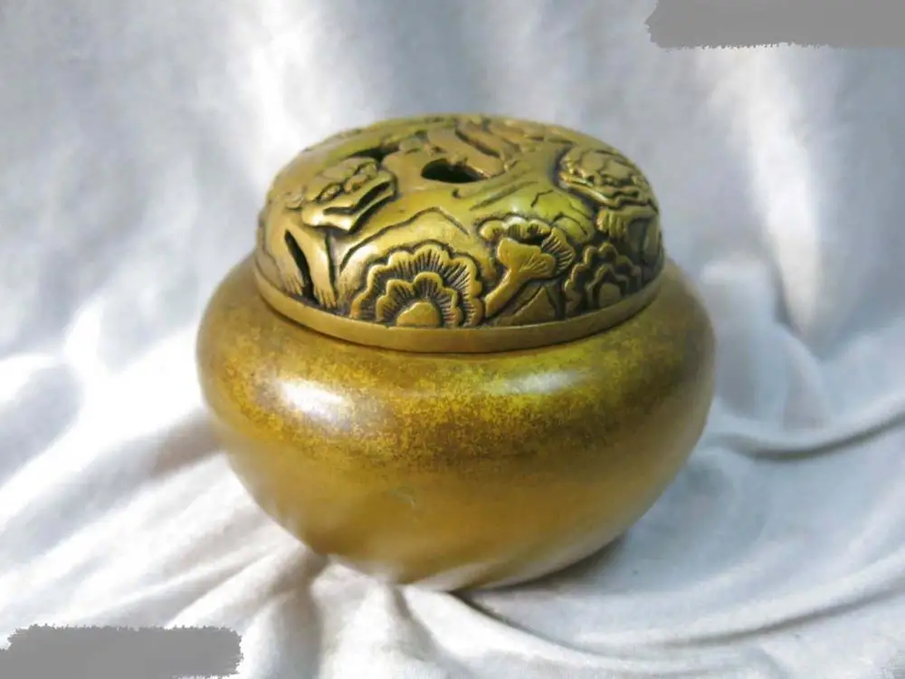 

DS China pure brass copper two tiger decorative pattern censer Incense Burner
