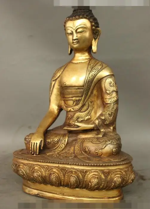 

song voge gem S6704 12 Folk Tibet Copper Bronze Gilt Dragon Robe Sakyamuni Shakyamuni Buddha Statue