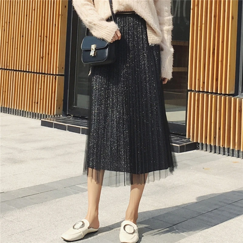 Женская Ретро пайетки плиссированная юбка корейский стиль бохо качели Эластичная Высокая талия миди юбка Kawaii тюль сетка летняя одежда