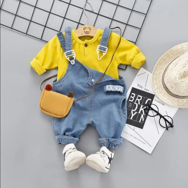 Коллекция года, стиль, комплекты одежды для малышей повседневные комплекты одежды для маленьких мальчиков и девочек футболка+ джинсы на лямках хлопковый Детский костюм - Цвет: Цвет: желтый