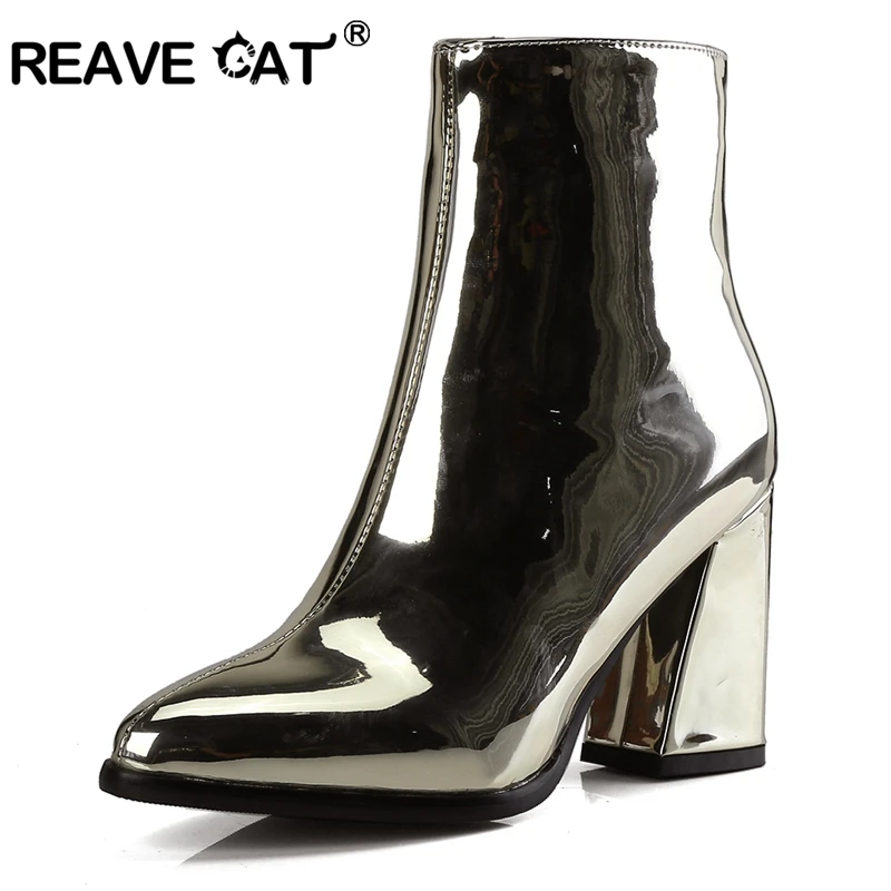 

REAVE CAT Woman boots Ladies ankle style shoes Pointed toe Patent leather Spike heel Glitter Causal Trendy Street style A1480