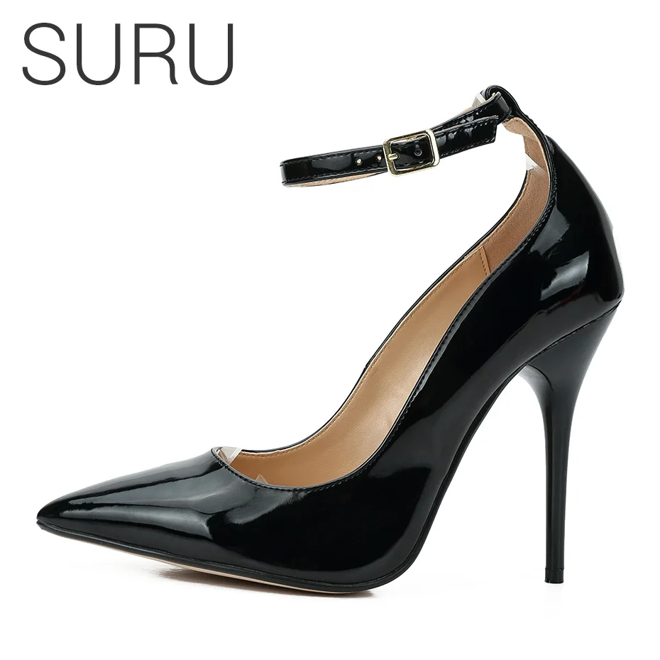 

SURU Sexy Killer Patent Red Or Black 13cm High Heels Ladies Ankle Strap Stiletto Pumps Large Size Shoes Woman Big Sizes 13 14 15