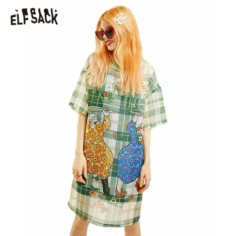 ELFSACK, винтажное зеленое клетчатое женское платье для вечеринки, мода, летнее платье с мультяшным принтом и круглым вырезом, большие размеры, повседневные женские праздничные платья