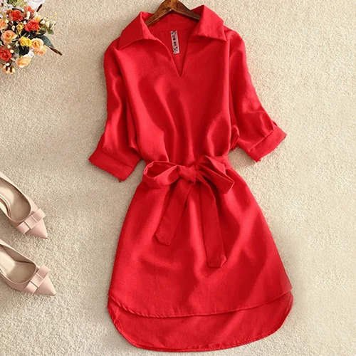Женская длинная рубашка, блузка, лето, Повседневное платье, однотонный Красный шифон, топы для женщин, Женская туника, Blusas Chemisier Vestidos Femme - Цвет: red