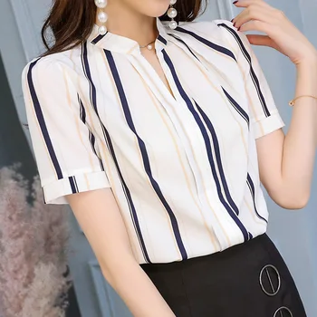 

2018 Summer Autumn Women Blouses Shirts Slim Striped Short Sleeve Shirt Chiffon Blouse Female Plus Size Bodycon Casual OL Tops