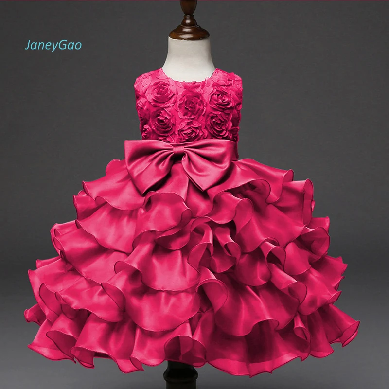 JaneyGao 2019 New Arrival Flower Girl Dress Red With Bow Elegant Kids Formal Gown For Wedding