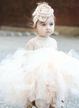 

2019 Princess Long Sleeves Lace Flower Girls' Dresses Ivory Baby Infant Toddler Baptism Tutu Ball Gowns Birthday Party Dresseslx