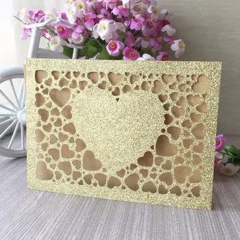 

100Pcs/Lot Glitter Paper Heart Wedding Invitation Card Laser Cut Invitation Card Blessing Card Gift Card Party Supplies