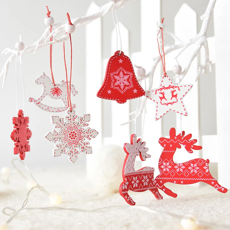 

12pcs Christmas Wooden Pendants Elk Snowflake Star Bell Ornaments 2019 Merry Christmas Party Decorations Xmas Tree Kids Gifts