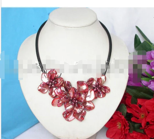 

FREE SHIPPING baroque handcraft bloom red seashell pearls choker leather necklace e1265