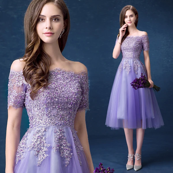 Elegant Appliques Tea Length Wedding Guest Dress Long Sleeves Tulle Lace Formal Gowns