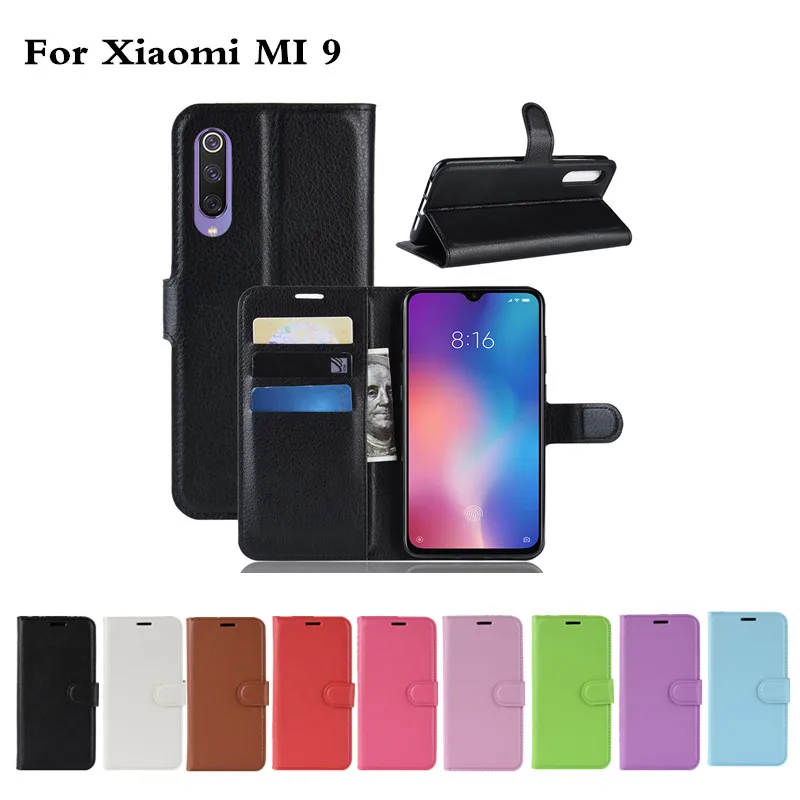 

50pcs/lot Litchi Grain Flip PU Leather Cover Case For Xiaomi MI 9 Lychee Grain Phone Bag