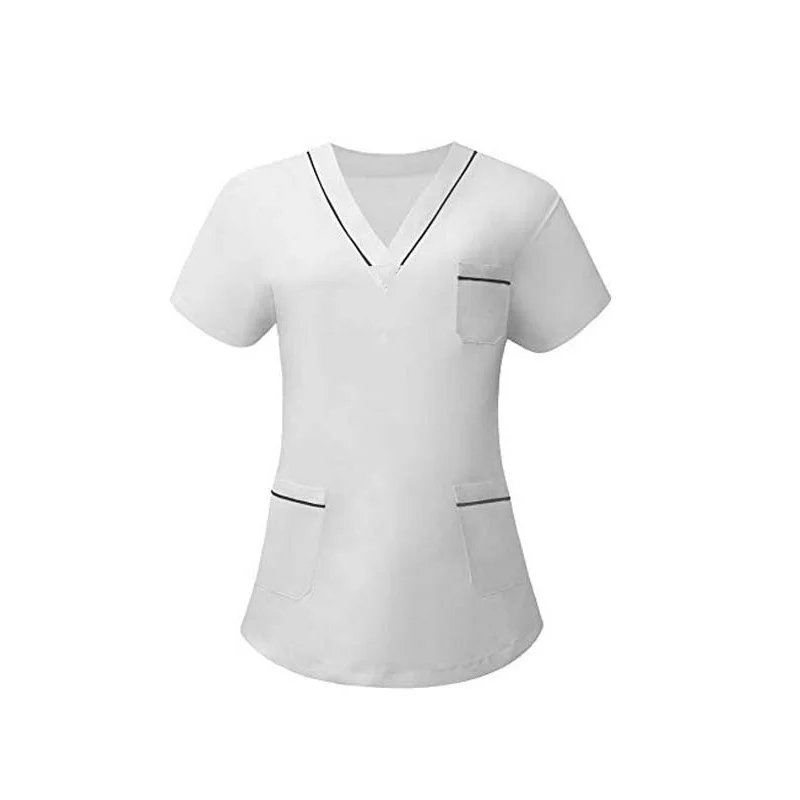 100% Pure Cotton Nursing Uniforms Fashion Scrubs Set for Women Color Blocking Sedign V-Neck Short Sleeves Top + Pants