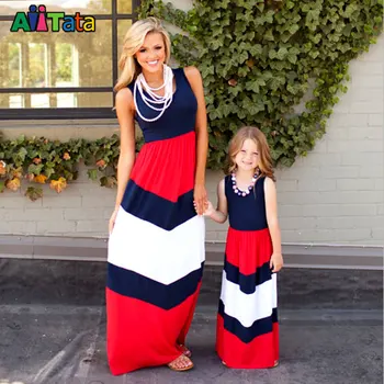 Family Matching Outfits Girls patchwork Sets kids clothes mother daughter beach dresses Clothes Girl maxi chevron stripe dress