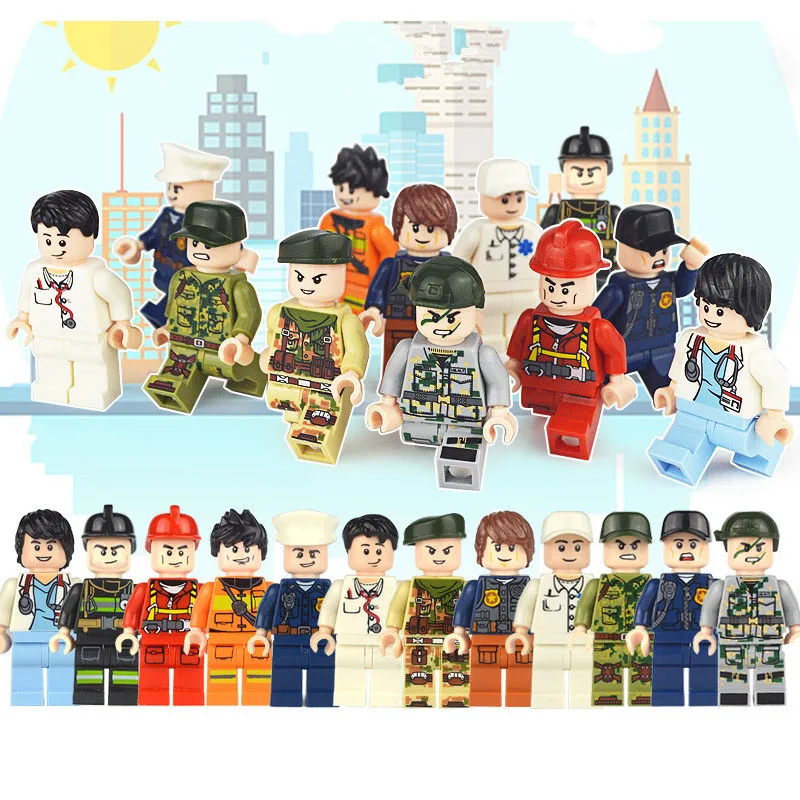 12pcs Compatible Legoing Duplo City Police Soldier Figures Set for Boy Doctor 2018 New Legoings Friends Figure Lot Firemen Toys