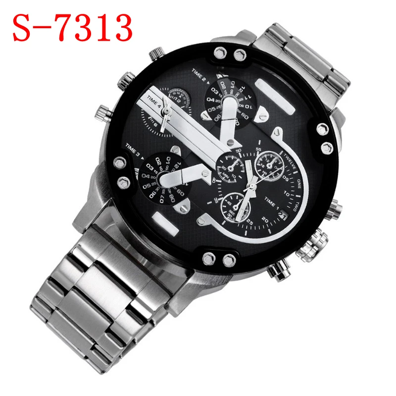 

2018 Men's Watches Cool Sports Casual Quartz Wristwatch 7312 Steel Oversize Military Compass Dial 2 Time Zone DZ Watch 7313 Men