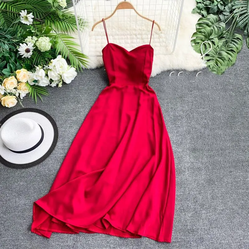 Women Sexy Sleeveless Spaghetti Strap Midi Dress Casual V Neck Back Cross Strap High Waist Beach Dress Elegant Party Dress - Color: Red