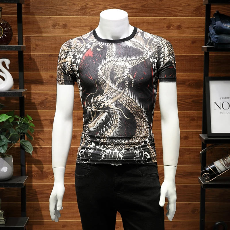 

men's M-7xl big yards 3025 208 P30 summer wind dragon China printing ice silk short sleeve MEN T-shirt sale mileage