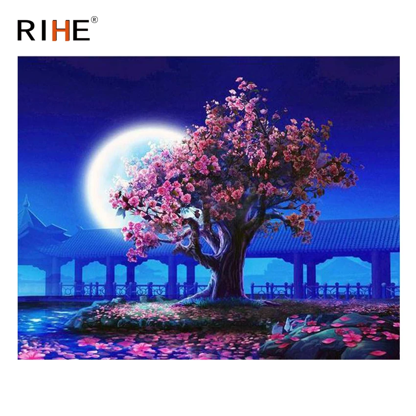 

RIHE Courtyard Diy Painting By Numbers Moon Tree Oil Painting On Canvas Flower Cuadros Decoracion Acrylic Wall Picture For Room