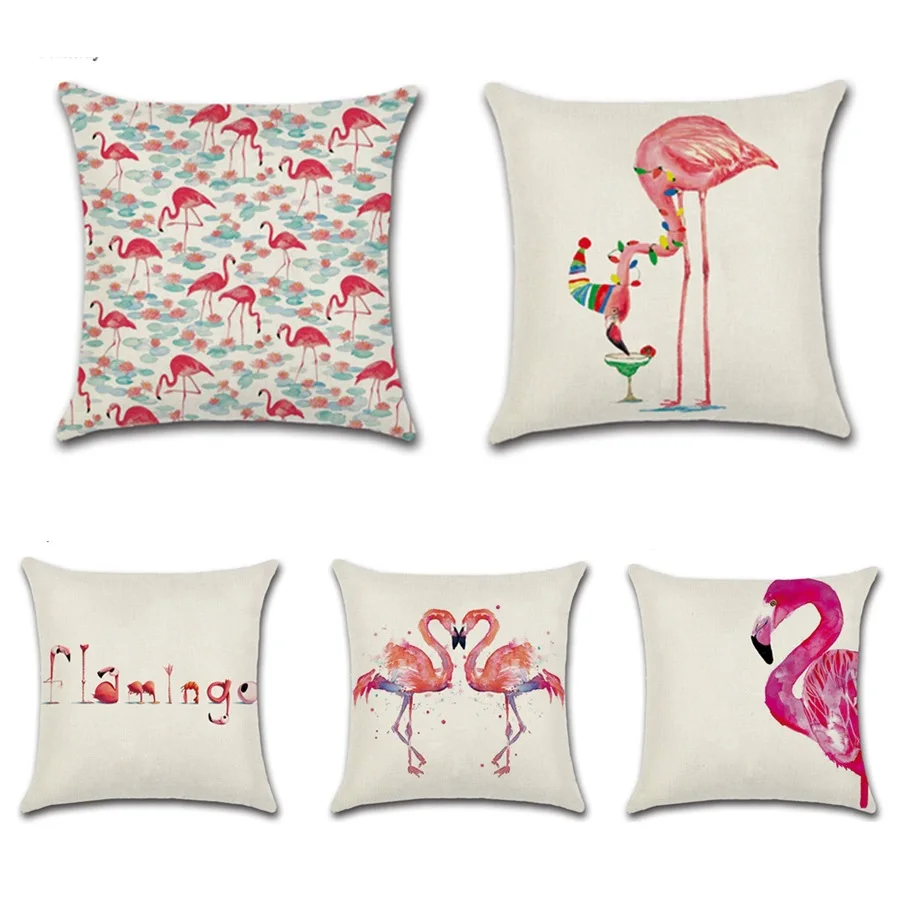 

CAMMITEVER Pink Flamingo Cushion Cover Make Up Table Room Decoration Cotton Linen Throw Pillow Car Sofa Deco Pillow Case Cushion