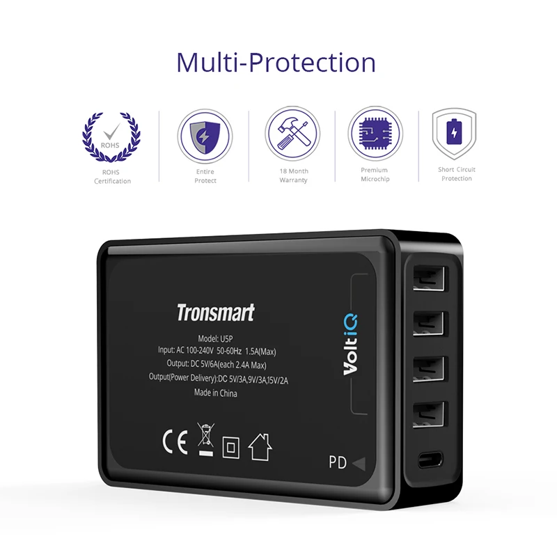 Tronsmart 5 портов USB PD зарядное устройство U5P быстрое зарядное устройство 60 Вт USB-C питания быстрое зарядное устройство для samsung Galaxy S9, S9 Plus, iphone x