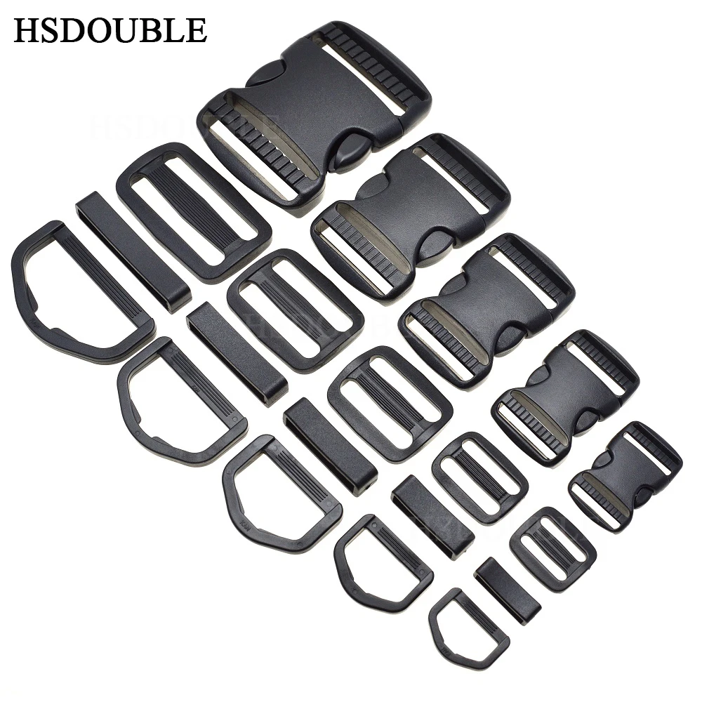 

1 set 20mm 25mm 30mm 38mm 50mm Plastic Slider Adjustable D Rings Belt Loop Curved Side Release Buckles For Paracord