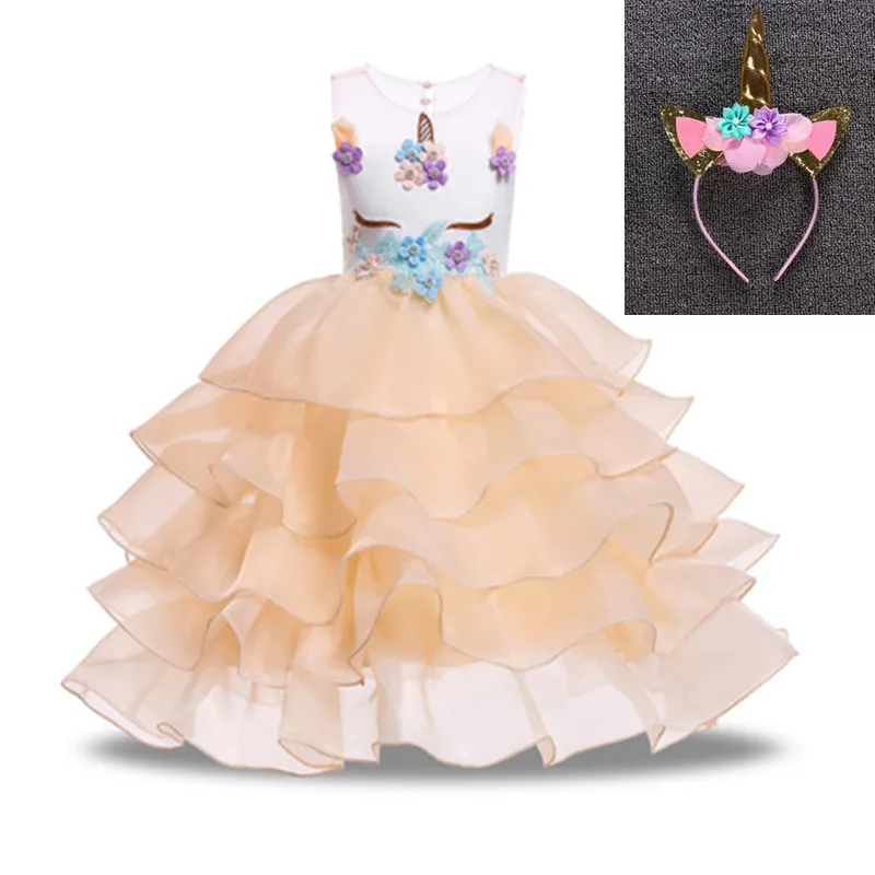 Unicorn Dress Flower Girls Unicorn Tutu Dress Princess Girls Christmas Dress Children Unicorn Party fantasia Girls Dress - Цвет: Beige and headdres