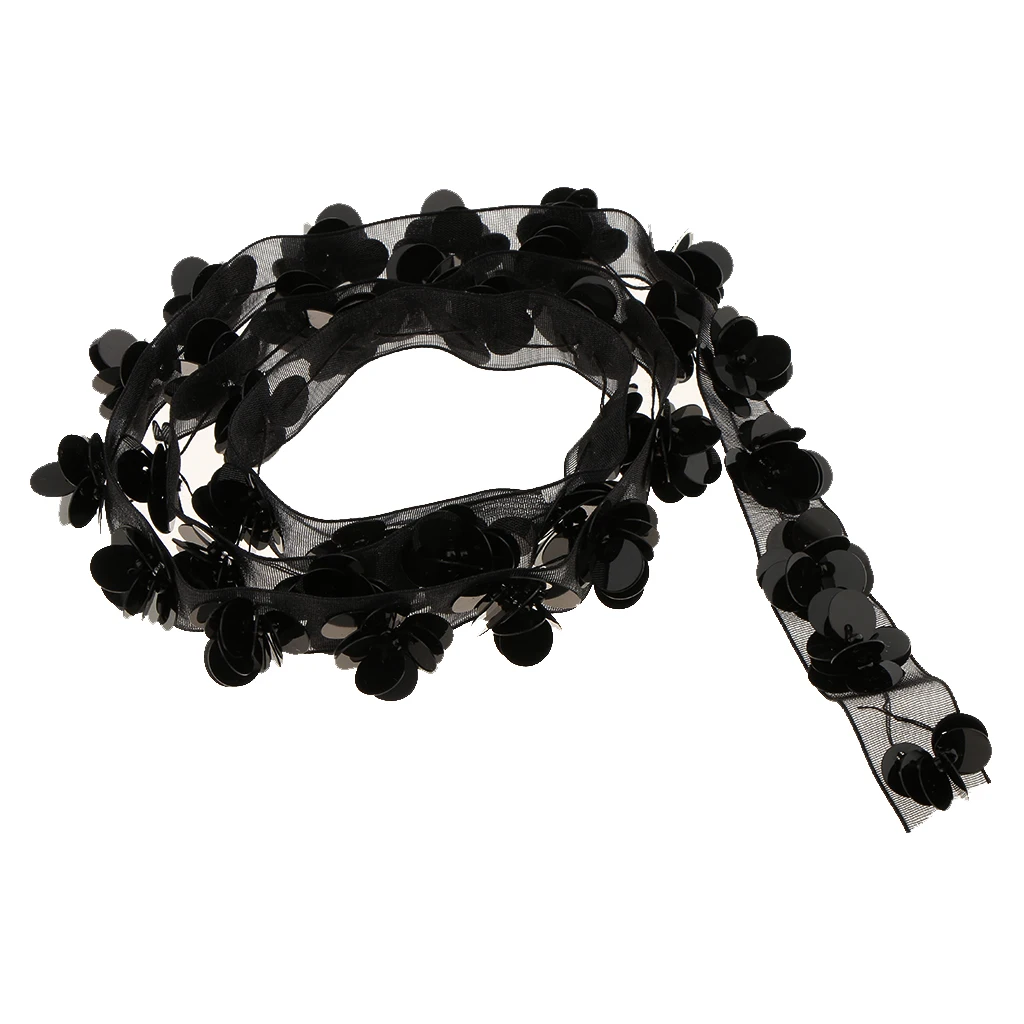 1 Yard 15mm Black Sequins Flower Beaded Lace Trim Ribbon Vintage Mesh Fabric Paillette DIY Sewing Apparel Wedding Decoration