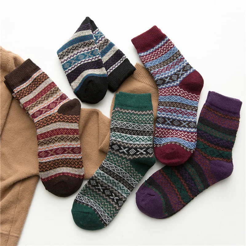 Новинка зимы, женские толстые теплые шерстяные носки в стиле Харадзюку ретро высокого качества, модные хлопковые Повседневные носки с толстой линией, 5 пар