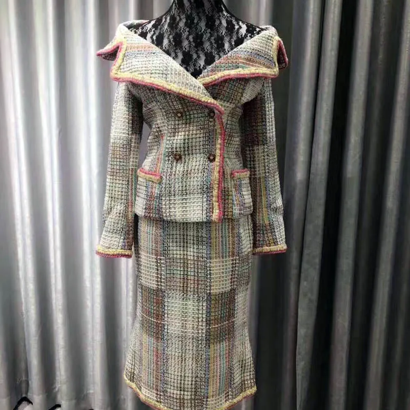 

Tweed Jacket For Women 2019 Runway Coat Double Breasted Button Long Sleeve Autumn Winter Jacket New Top Quality Custom XL-2XL